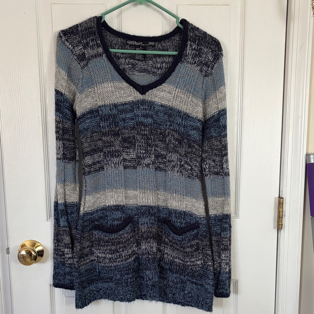 Ashley By 26 International Blue and Gray Striped Sweater